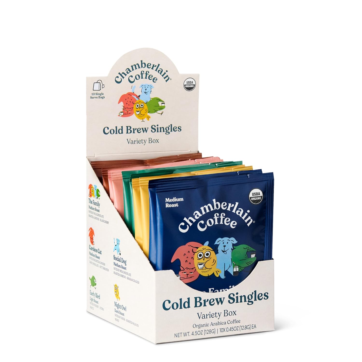 Showcases the product packaging and variety of flavors available in the cold brew singles box. Displays the different flavor options available in the variety box, each with distinct colored packaging.
