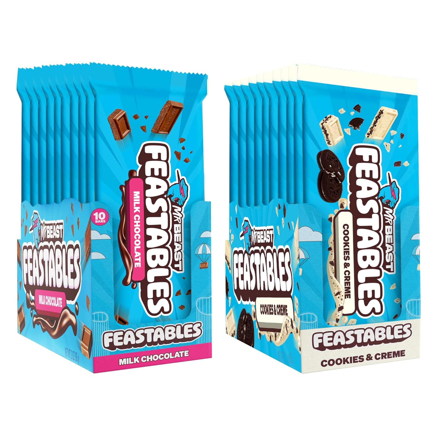 Showcases two different flavors of the Feastables chocolate bars to highlight product variety. Displays the retail packaging of the chocolate bars to familiarize customers with the product appearance.