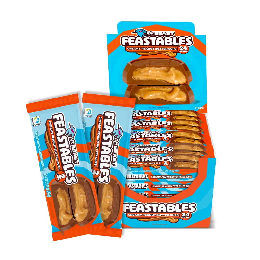 Shows the product packaging and individual wrapped items to highlight the quantity and convenience of the product. Displays a cross-section of the peanut butter cup to showcase the creamy filling…