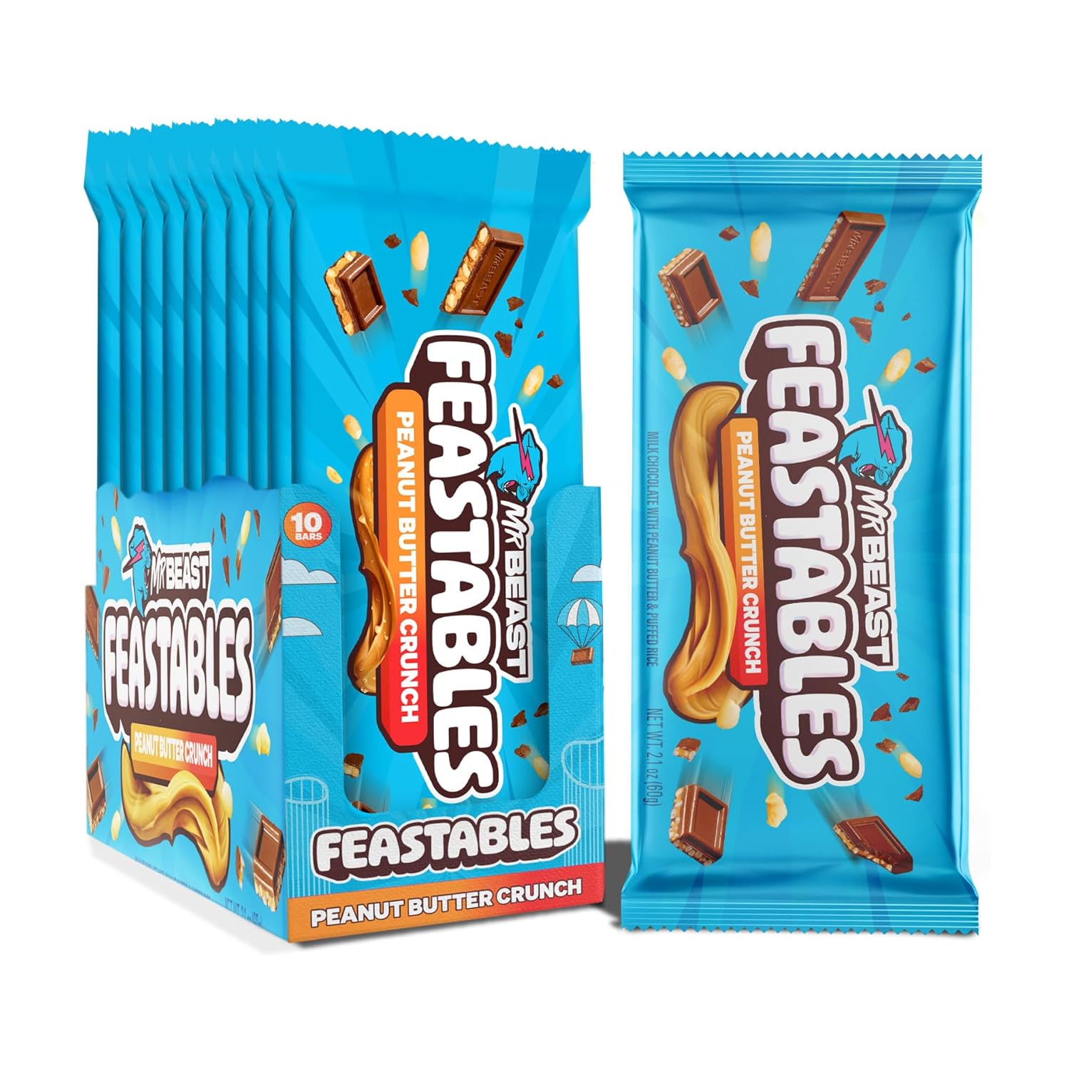 Shows the product's retail packaging and individual wrappers to communicate brand identity and quantity included. Displays the product's ingredients and flavor profile through visuals of chocolate…