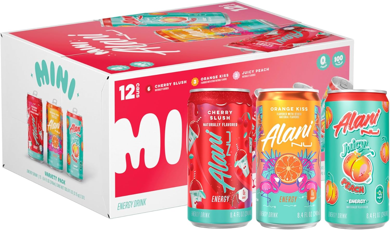 Showcases the product packaging and highlights the variety of flavors available in the pack. Displays the different flavor options and their distinct, colorful can designs to attract customers…
