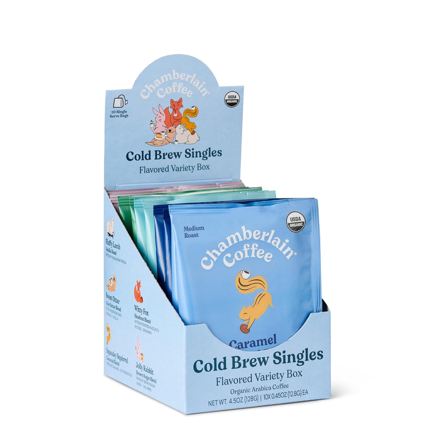 Showcases the product packaging and variety of flavors available in the cold brew singles box. Highlights the different flavor options available in single-serve packets, emphasizing variety and…