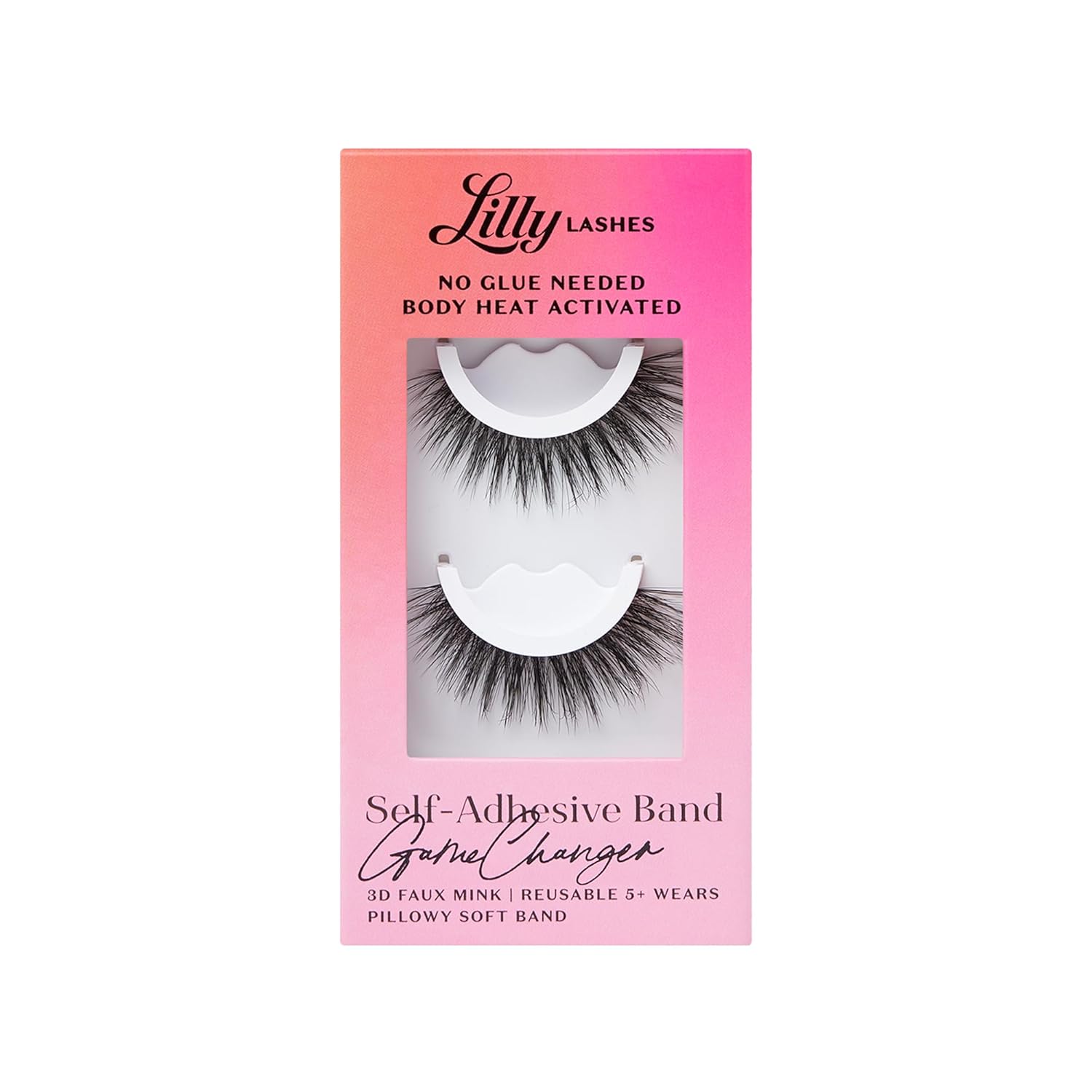 Showcases the product packaging and highlights the key feature of self-adhesive, no-glue-needed lashes for easy application.