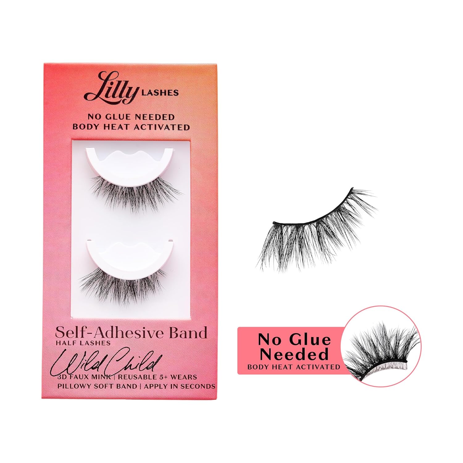 Showcases the product's unique self-adhesive feature, emphasizing ease of use without glue. Displays the product in its retail packaging to communicate brand identity and product features.