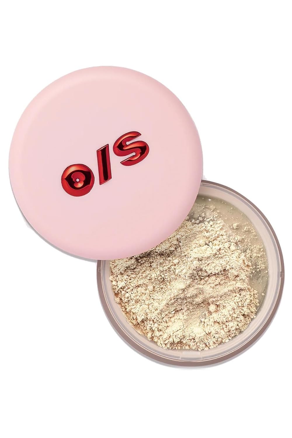 Showcases the product's loose powder texture and its pink compact packaging to highlight the cosmetic item's appearance and container.