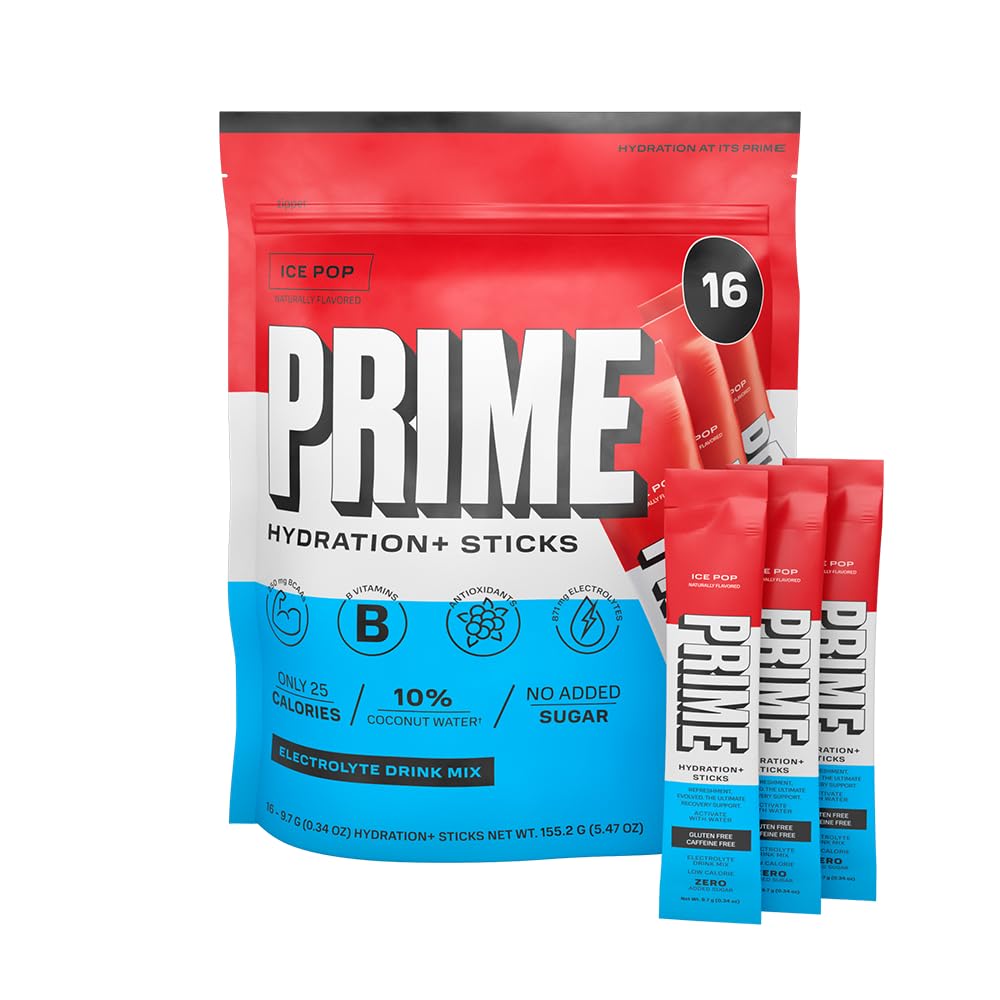 Showcases the product packaging and individual hydration stick packets to clearly display what the customer will receive. Highlights the quantity of servings (16) and the Ice Pop flavor, emphasizing…