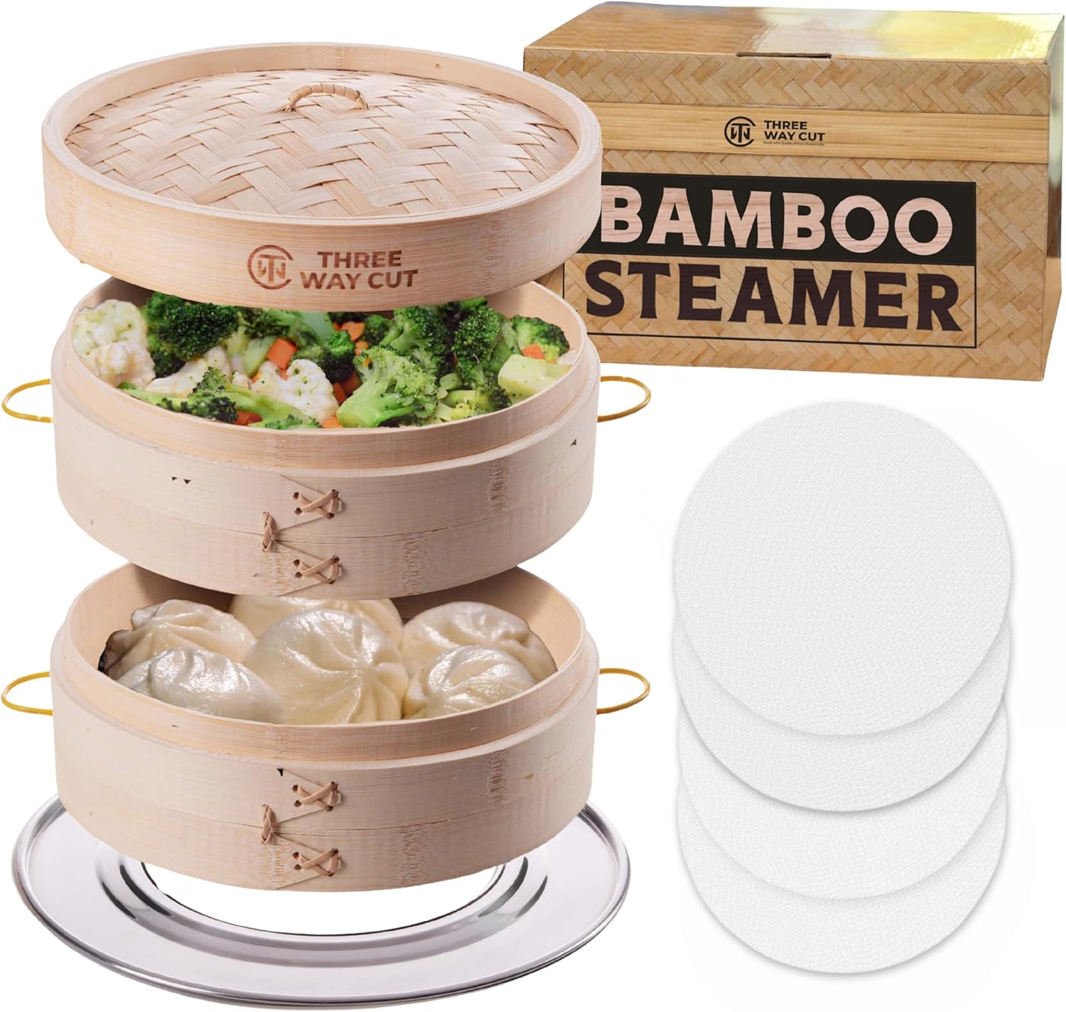 Showcases the complete bamboo steamer set with its packaging to demonstrate the product's components and eco-friendly material. Displays the product alongside its retail packaging to convey brand…