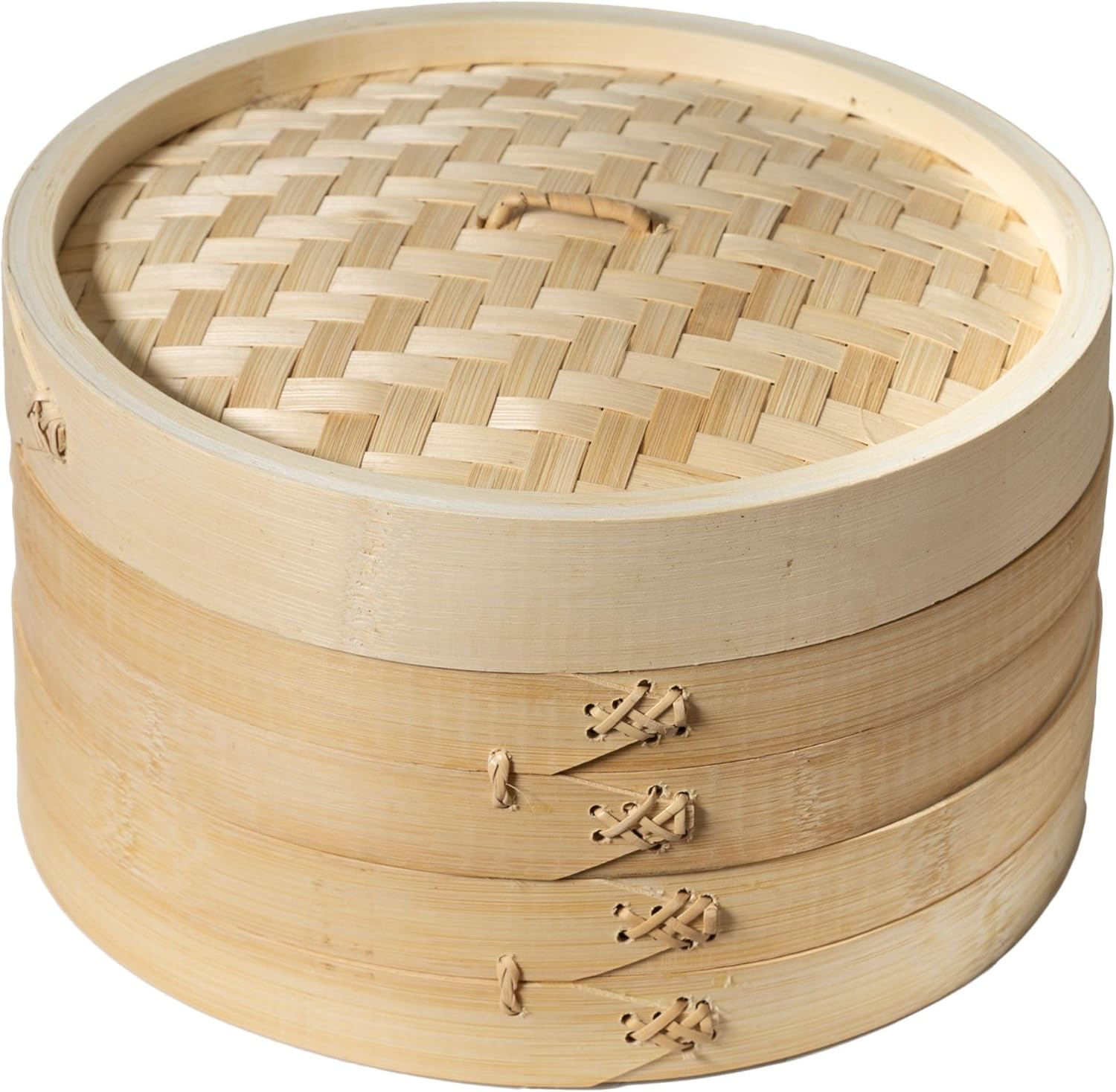 Showcases the traditional bamboo steamer design, highlighting its natural material and craftsmanship.