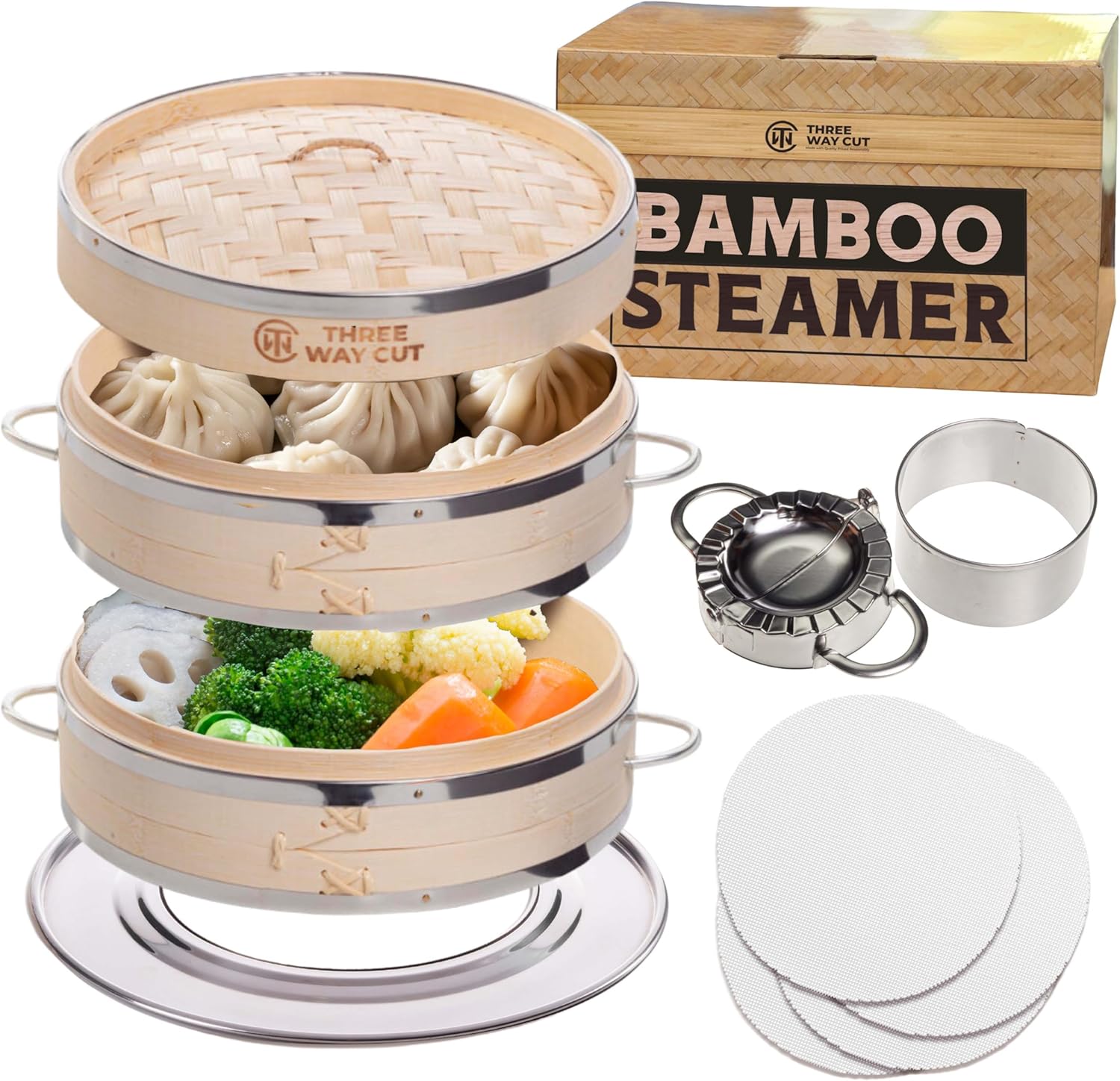 Shows all components of the bamboo steamer set, demonstrating the value and completeness of the product. Displays the product alongside its retail packaging to convey brand identity and product…
