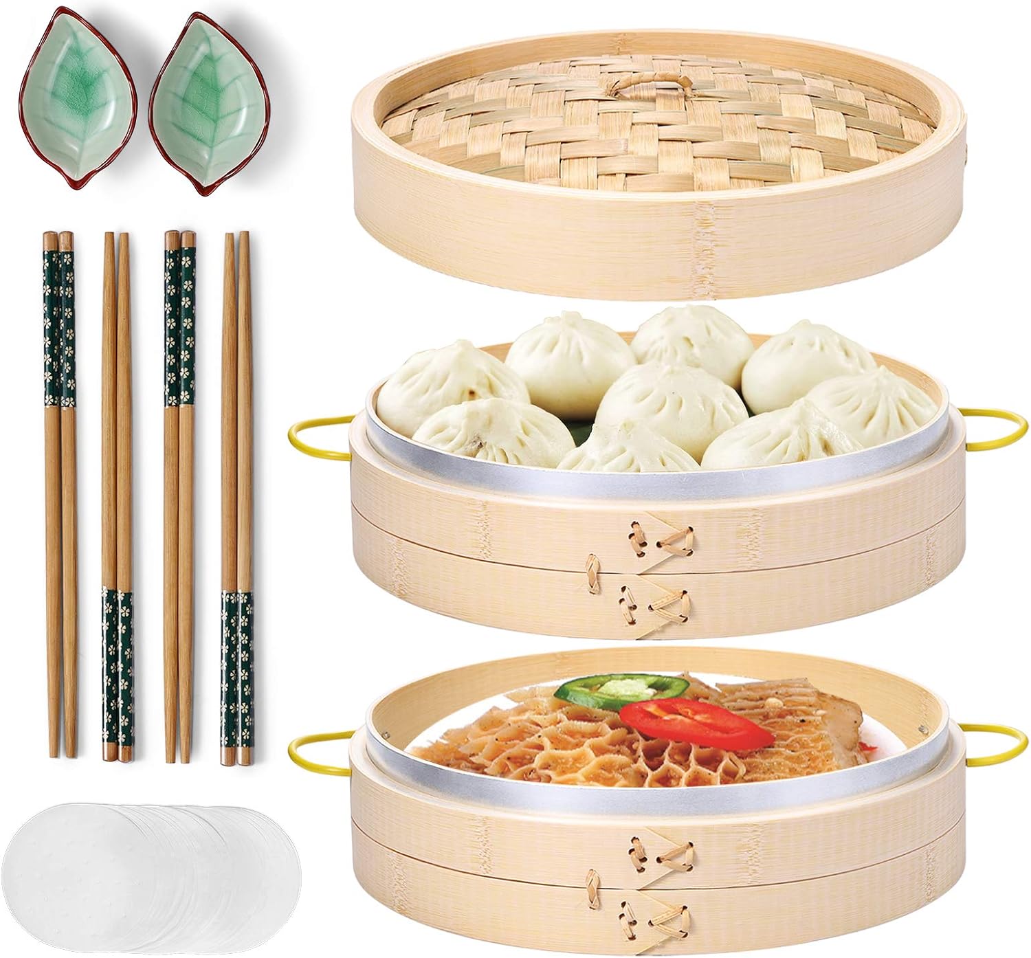 Shows all components of the bamboo steamer set, including steamer baskets, chopsticks, and accessories, to demonstrate the full value of the product.