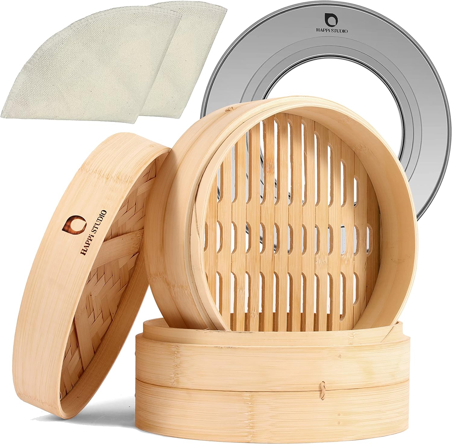 Showcases the complete bamboo steamer set with all included components to demonstrate the product's quality and contents. Displays all the individual parts of the steamer set to clearly show what is…