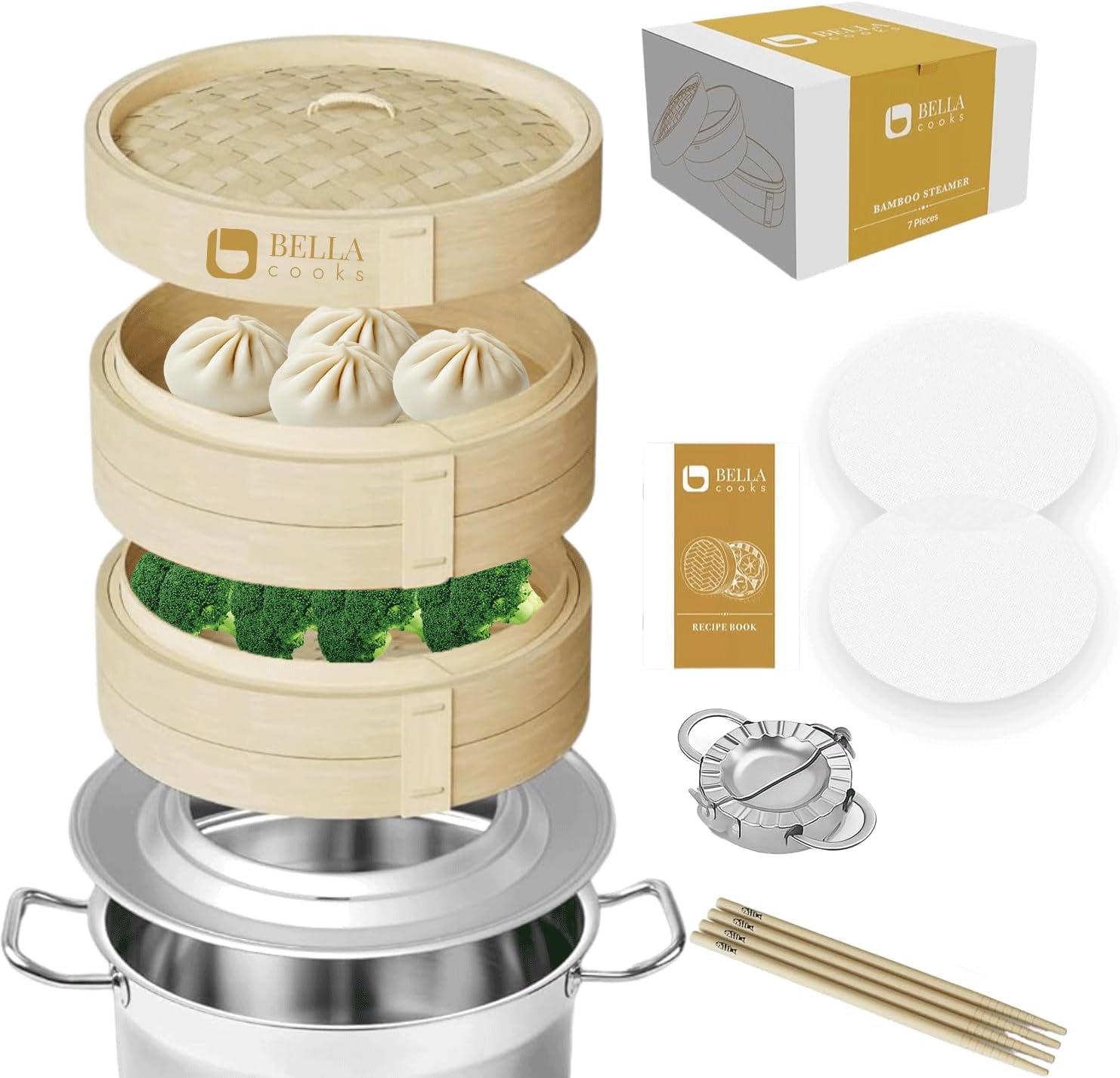 𝐁𝐄𝐋𝐋𝐀 𝐂𝐎𝐎𝐊𝐒 Bamboo Steamer 11-inch 2 Tier Dumpling Bamboo Steamer with Lid…: Hero Images