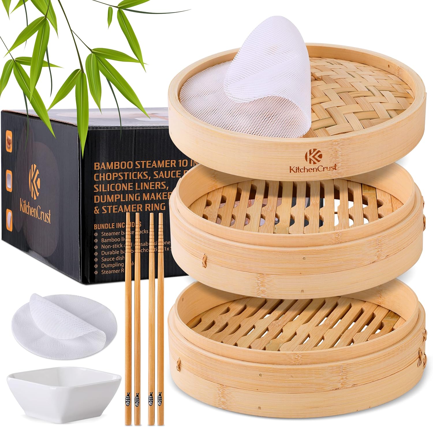 Showcases the complete bamboo steamer set with all included accessories to demonstrate the product's value and components. Displays all the individual parts included in the set to highlight the…