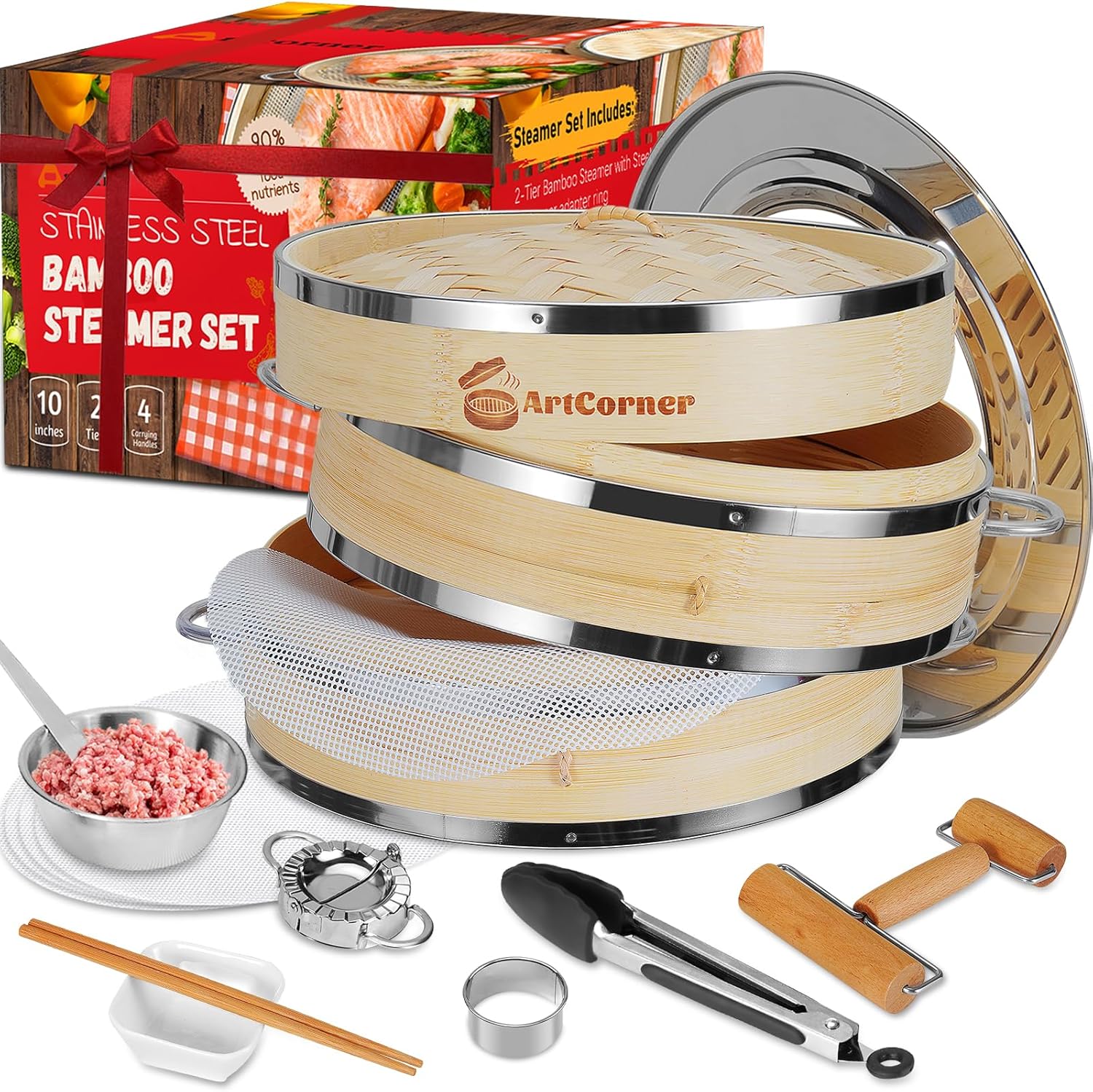 Shows all components included in the bamboo steamer set, highlighting the value and versatility of the product. Displays the product alongside its retail packaging to convey brand identity and…
