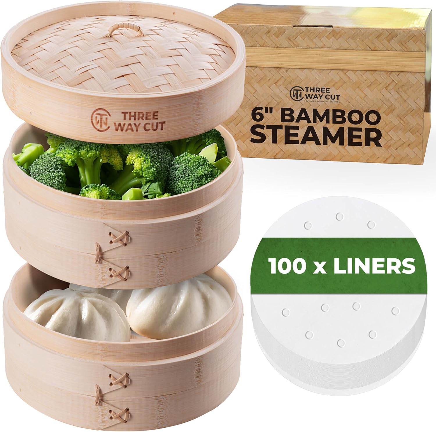 2-Tier 6" Bamboo Steamer With 100 Parchment Liners- 2 Bamboo Steamer Basket + Lid & 100…: Hero Images