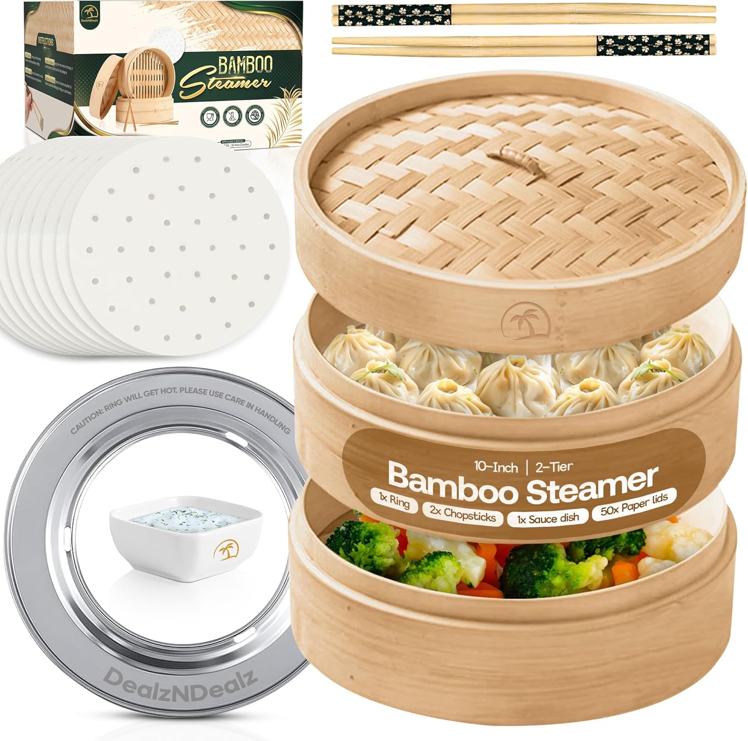 UPGRADED Bamboo Steamer Basket 10-Inch 2-Tier with handle|1x Stainless Steel Ring|2x…: Hero Images