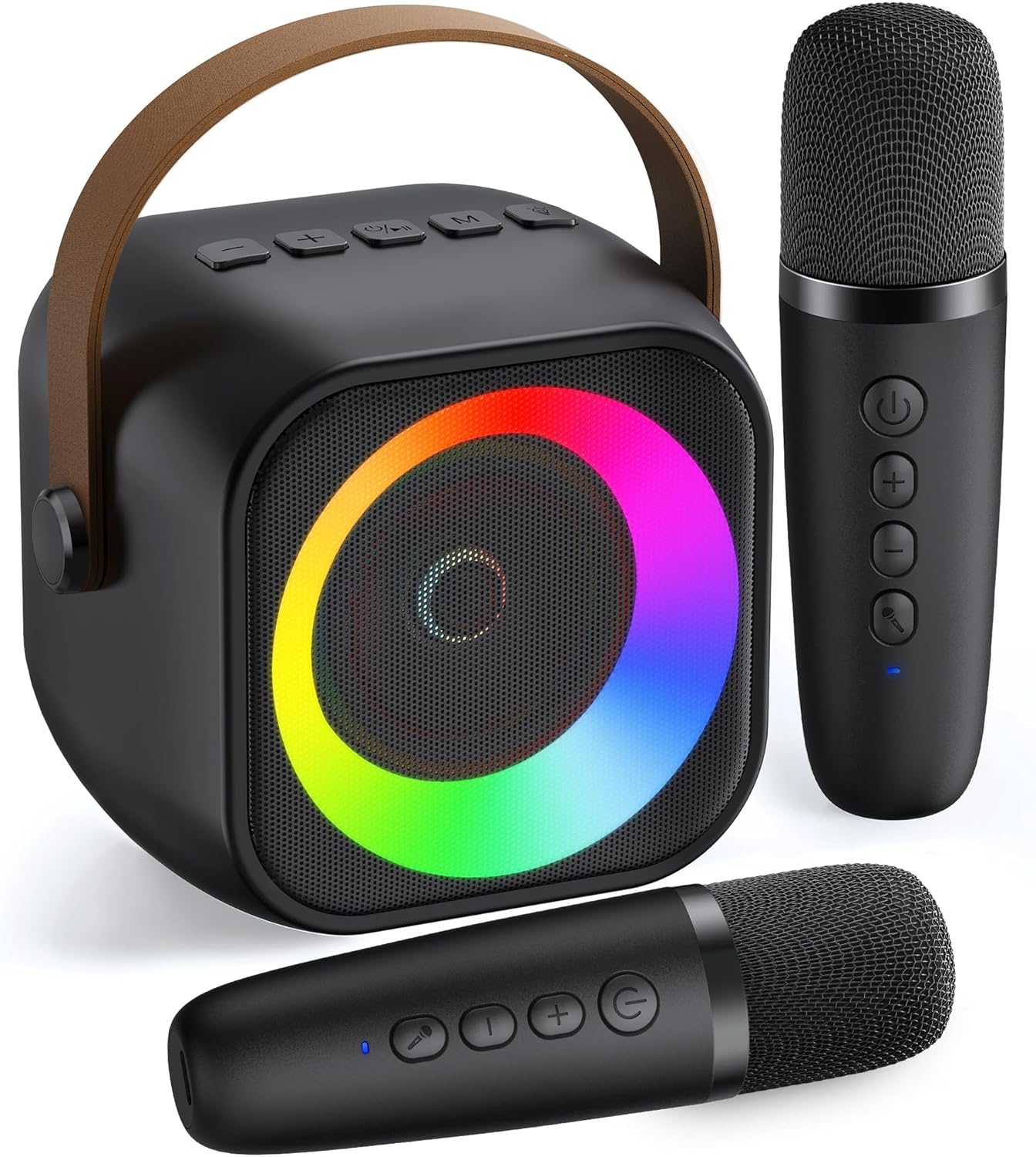 Showcases the complete product set including the main speaker unit and two wireless microphones. Displays all components of the karaoke system to show buyers exactly what they will receive.