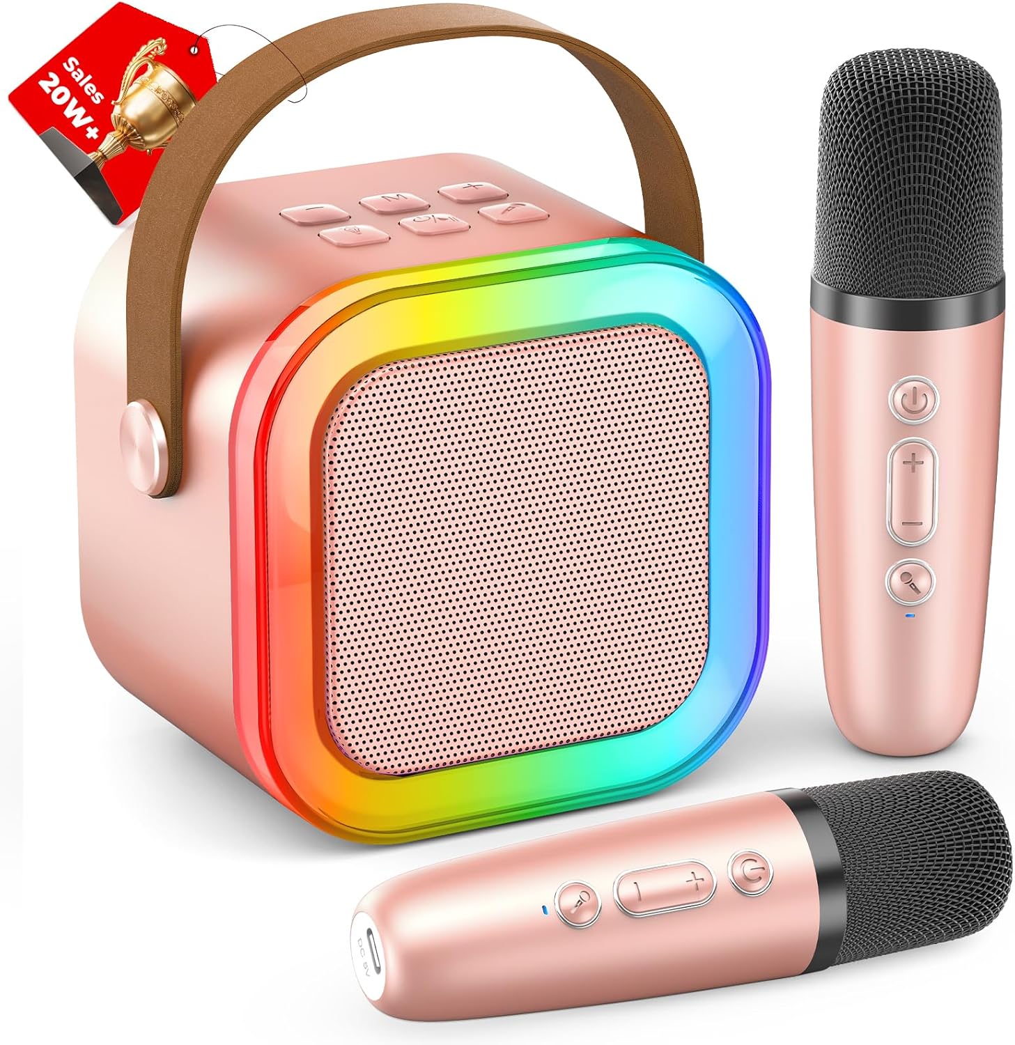 Showcases the complete karaoke set including the speaker and microphones, highlighting its portability and all-in-one design. Displays all components of the karaoke set to show buyers exactly what…