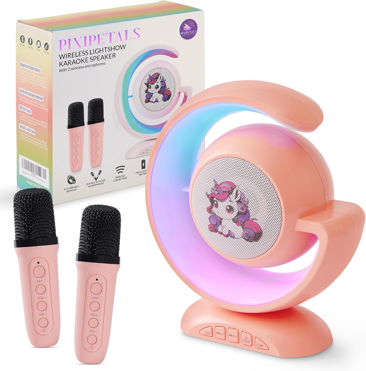 Shows the complete product set including the karaoke speaker and wireless microphones to highlight all components included. Showcases the product's appealing aesthetic with colorful lighting and…