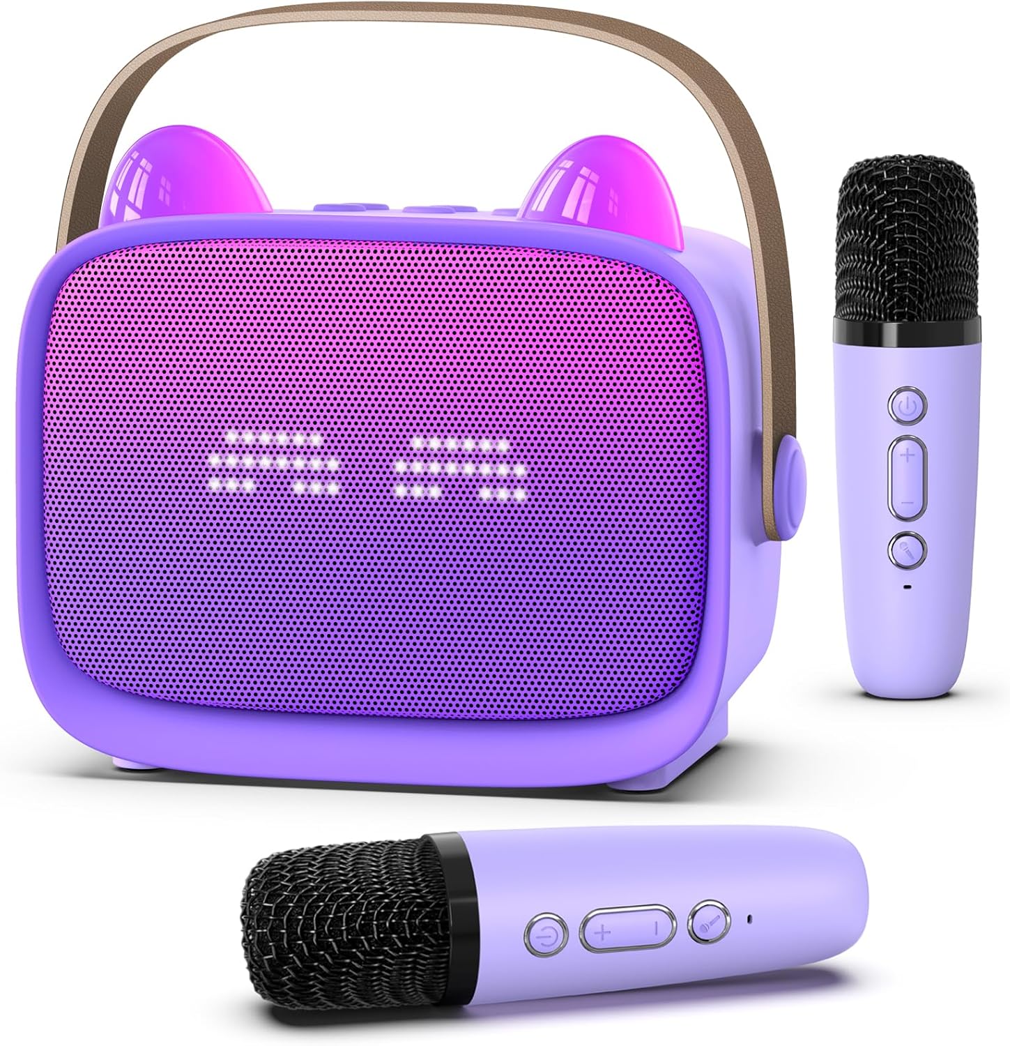 Showcases the main product - a cute, portable Bluetooth speaker with included microphones for karaoke or audio recording. Displays all components included in the purchase - the speaker unit and two…