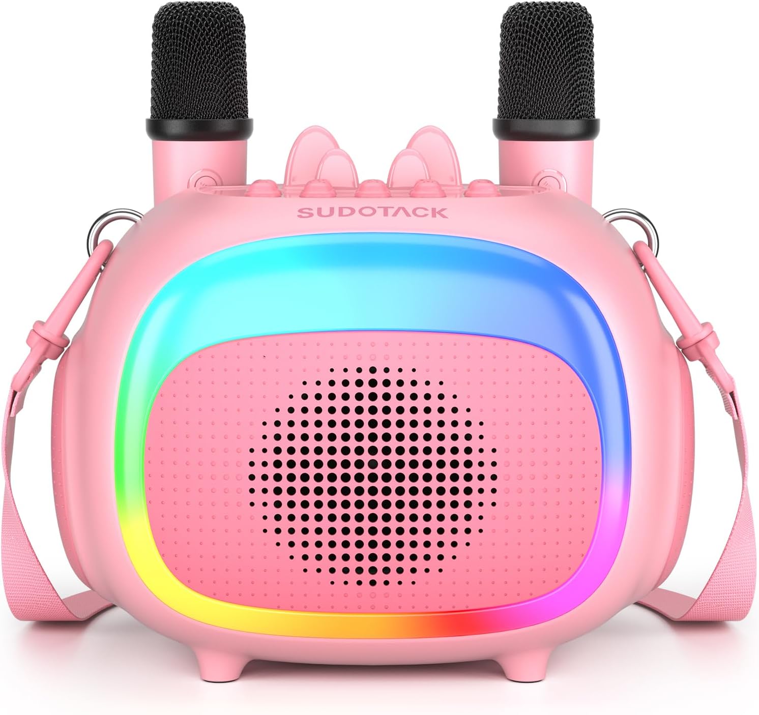 Showcases the product's design, highlighting its cute pink color, dual microphones, and colorful LED lights to appeal to children or young users.