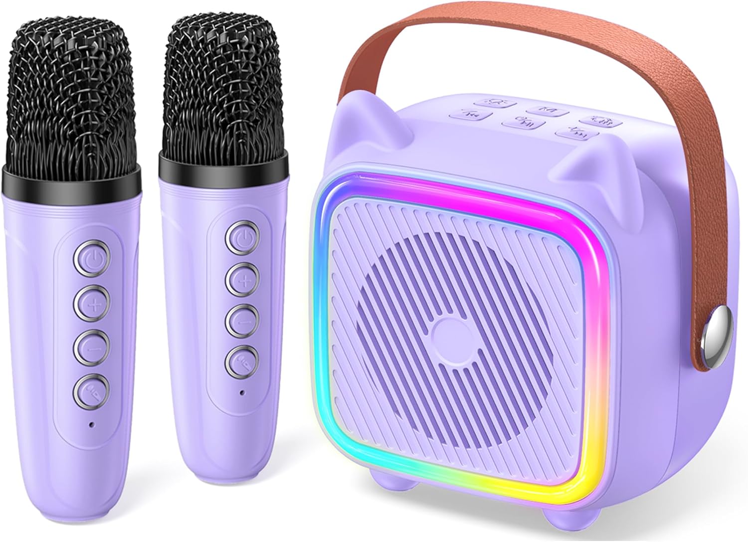 Showcases the complete karaoke set including wireless microphones and a speaker with colorful lighting effects. Displays all components of the karaoke system to show buyers exactly what they will…