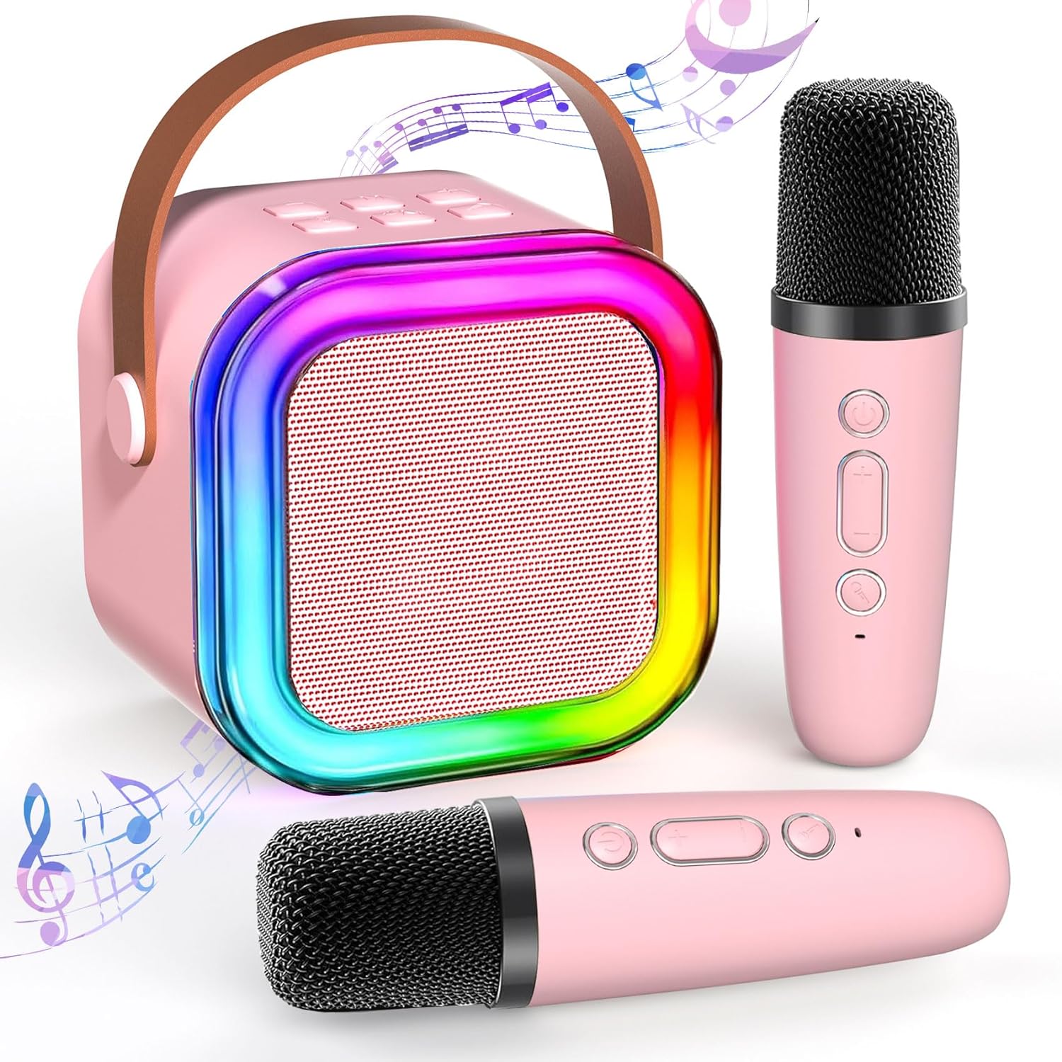 Showcases the complete karaoke set including speaker and microphones, highlighting its portability and fun design. Displays all components of the karaoke set to show buyers exactly what they will…