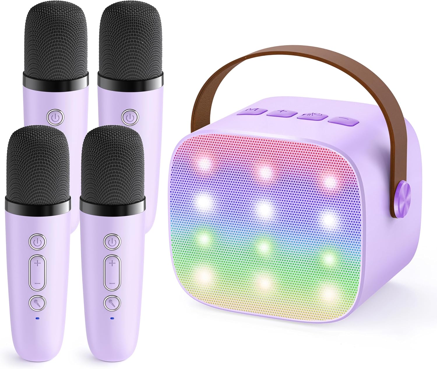 Showcases the complete karaoke set including wireless microphones and a portable speaker with LED lights. Displays all components of the karaoke system to show buyers exactly what they will receive.
