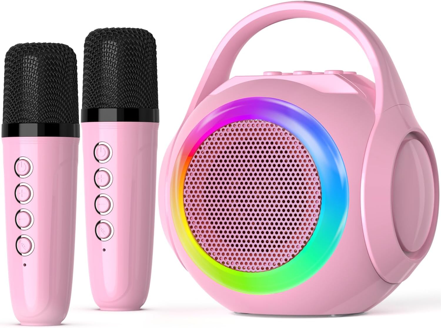 Showcases the complete karaoke set including wireless microphones and a portable speaker with colorful lighting effects. Displays all components of the karaoke set to show buyers exactly what they…