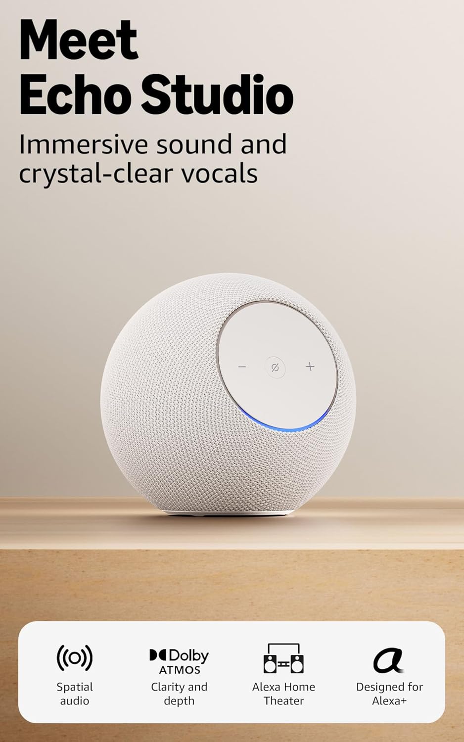 Showcases the Echo Studio smart speaker, highlighting its immersive sound capabilities and clear audio quality.