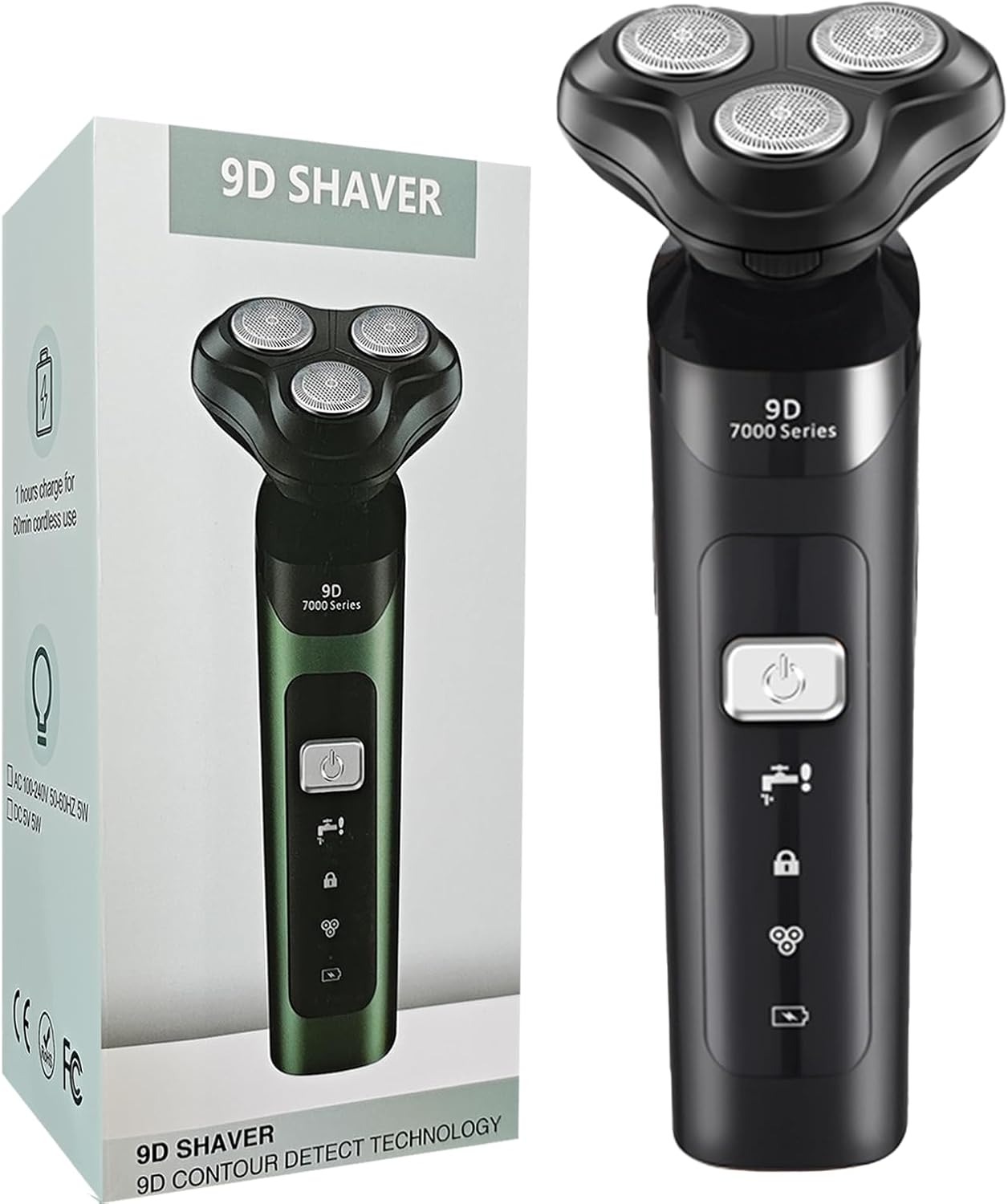 Showcases the product's design with three rotary shaving heads and control panel, highlighting its advanced features. Displays the product alongside its retail packaging to establish brand identity…