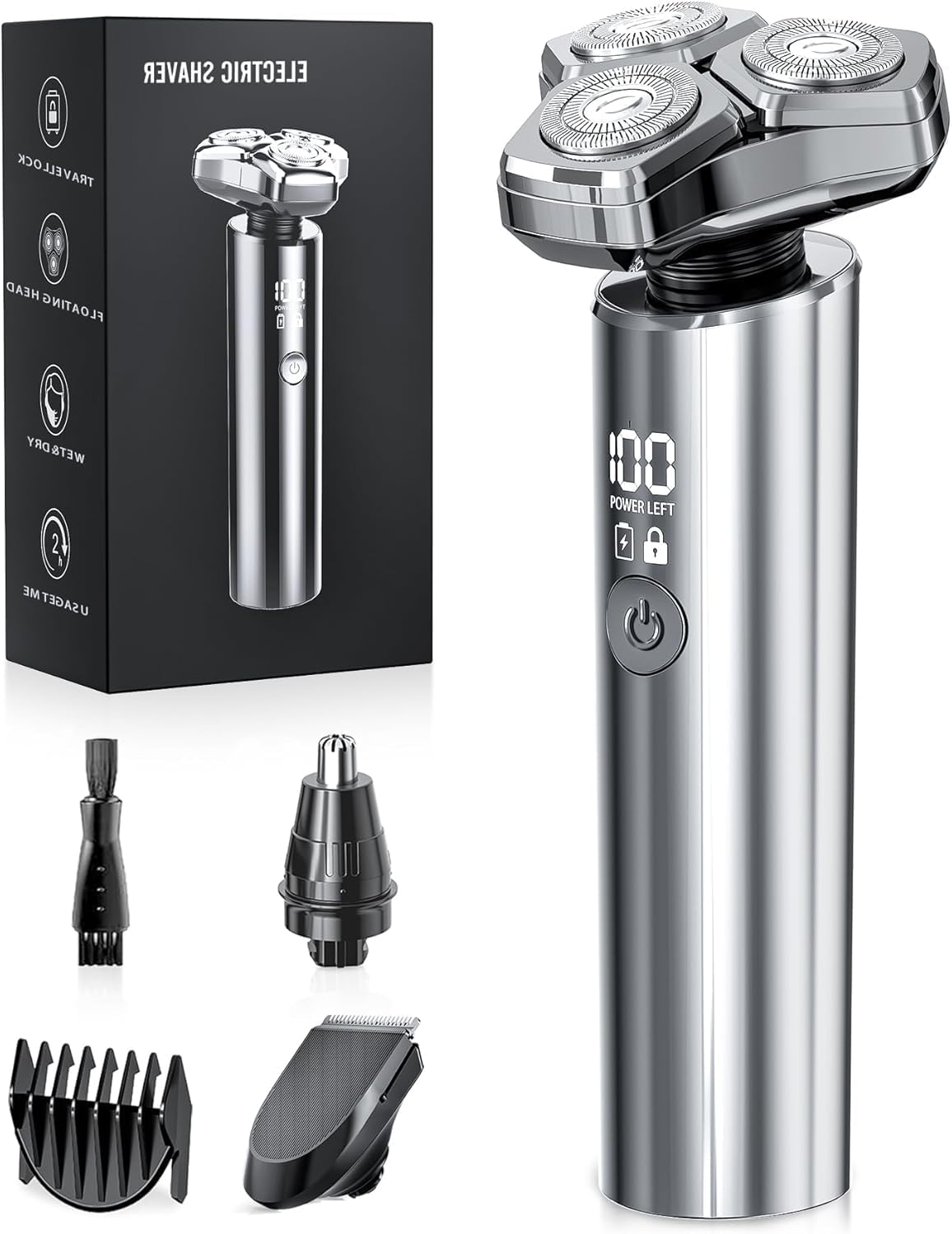 Showcases the main electric shaver product along with included accessories to highlight the complete package offered. Displays the various attachments and accessories included with the electric…