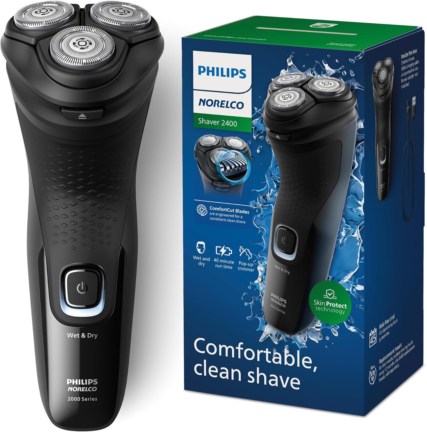 Shows the electric shaver alongside its retail box to communicate brand identity and product features.
