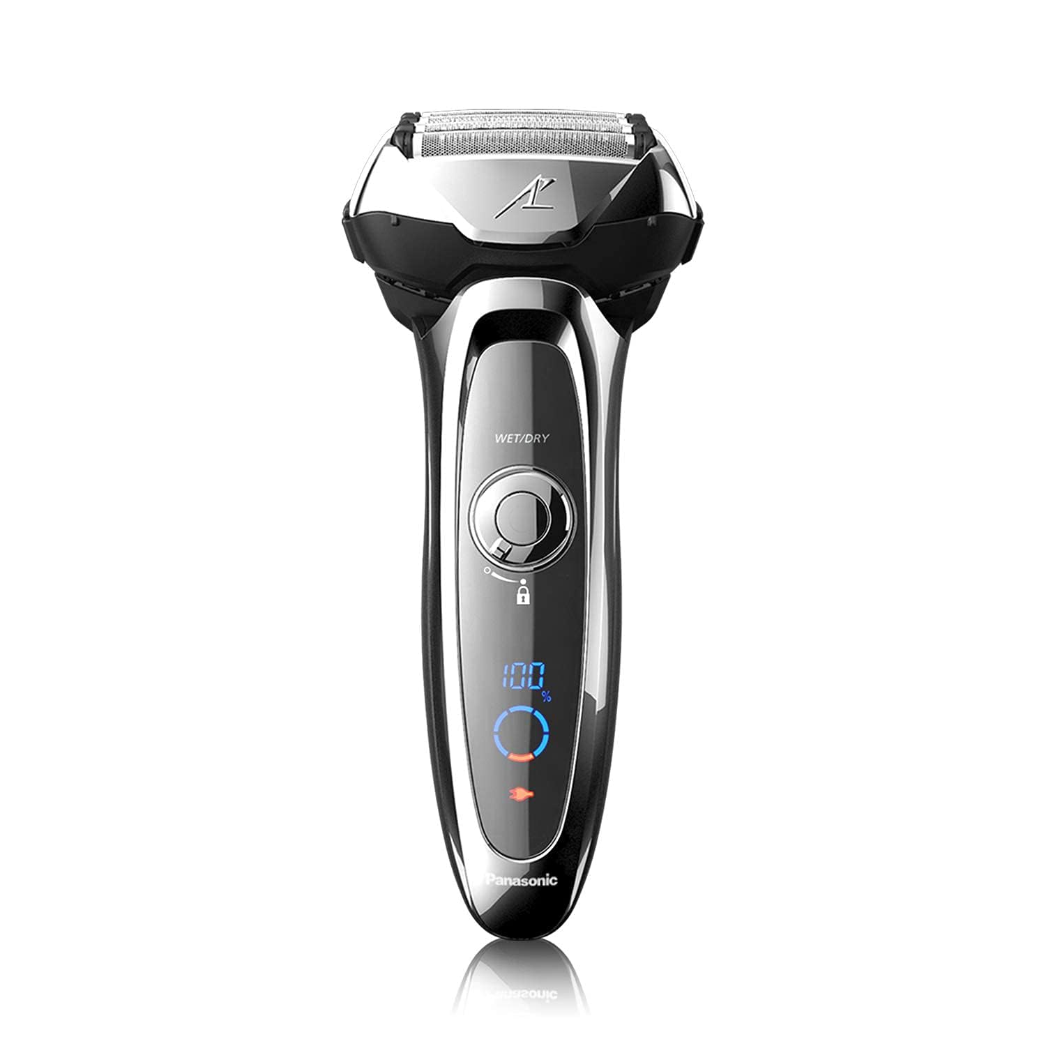 Showcases the sleek design and key features of the electric shaver, highlighting its wet/dry capability and digital display