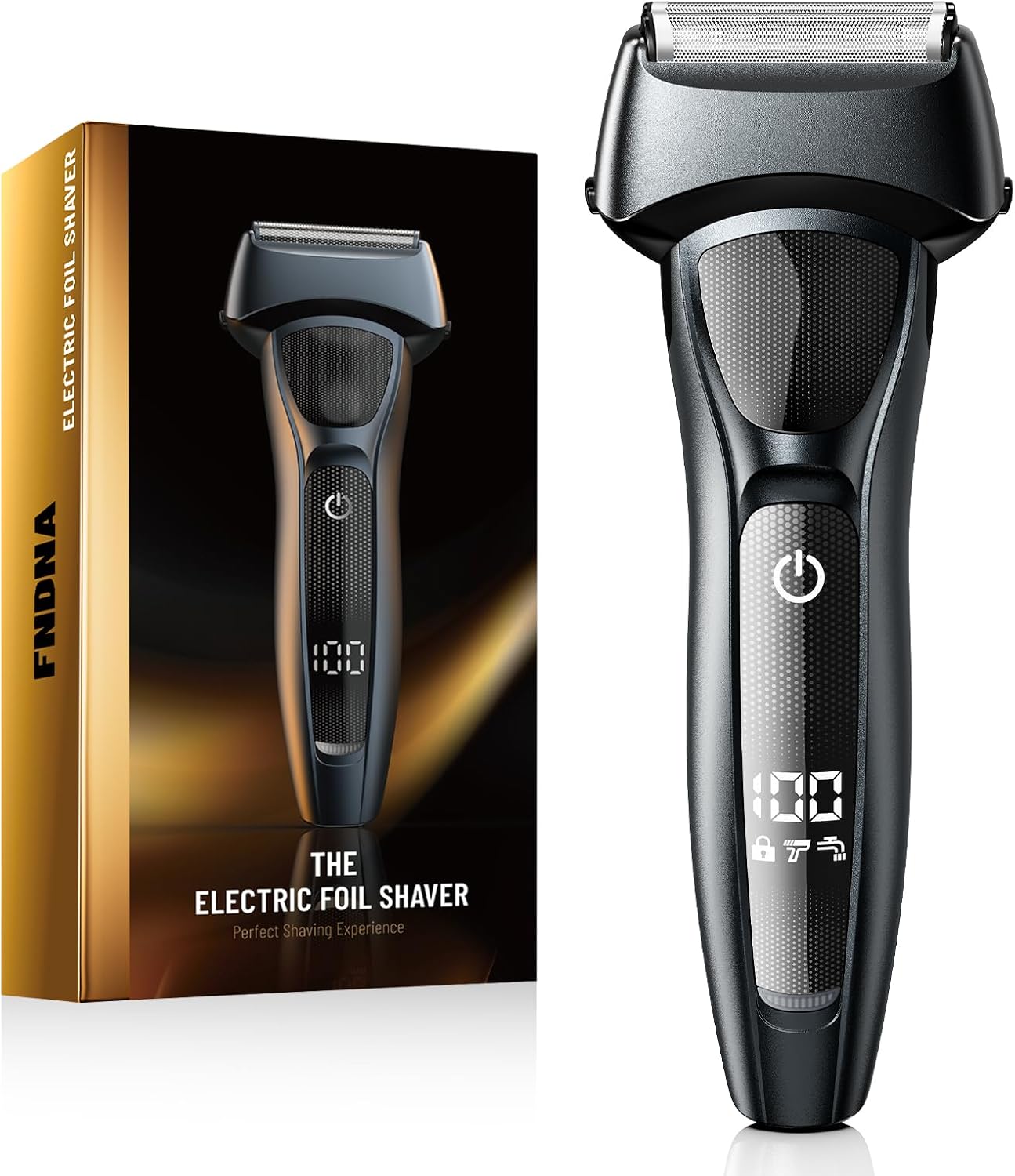 Showcases the main product, an electric foil shaver, clearly against a white background to highlight its design and features. Displays the product alongside its retail packaging to communicate brand…