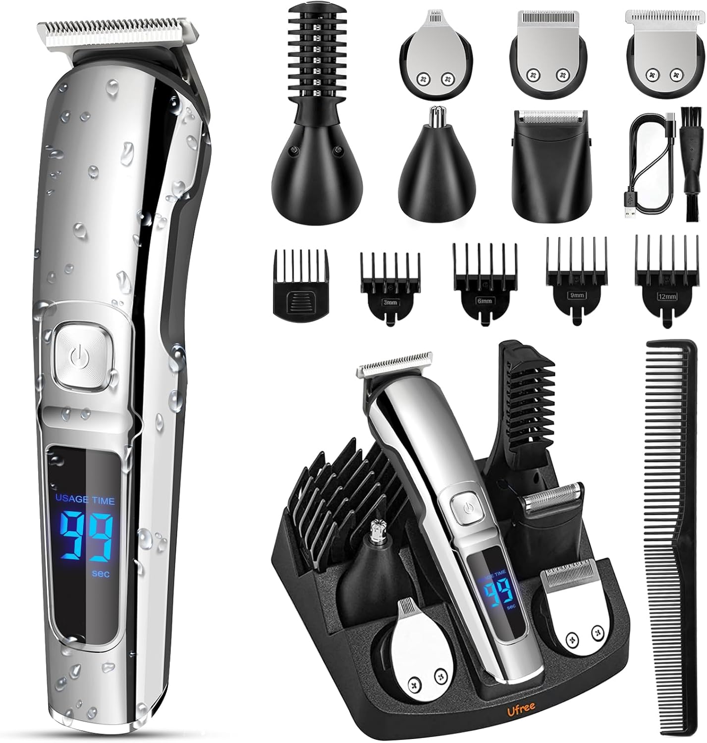 Showcases the main hair trimmer product along with all included accessories to demonstrate its versatility and water-resistant feature. Displays all the included parts and attachments to highlight…