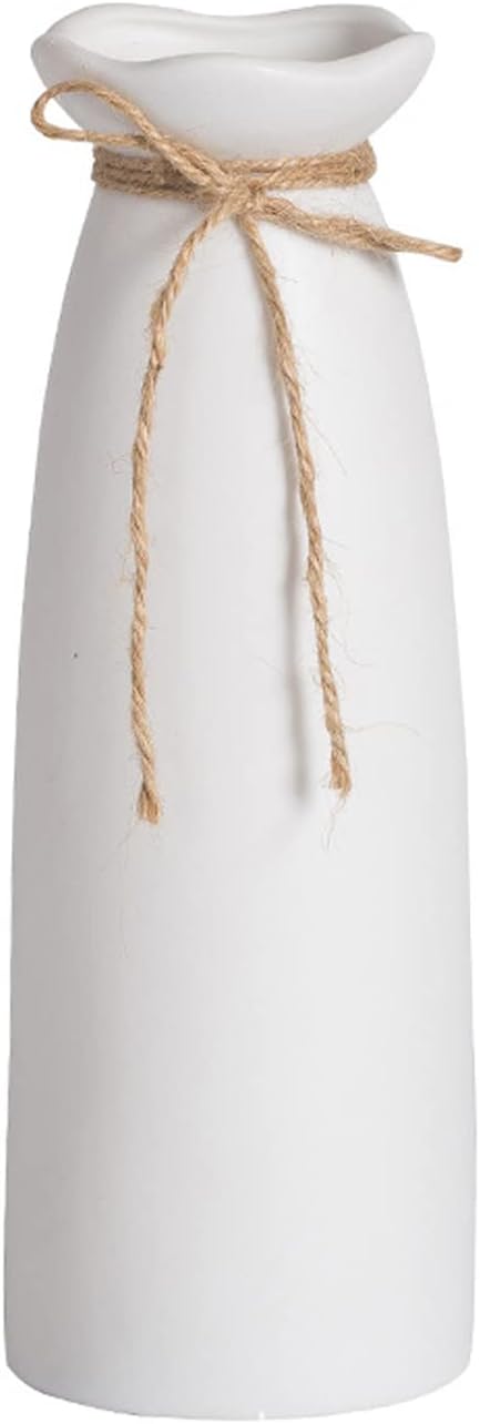 Showcases the clean, simple design of the white ceramic vase with rustic twine accent.