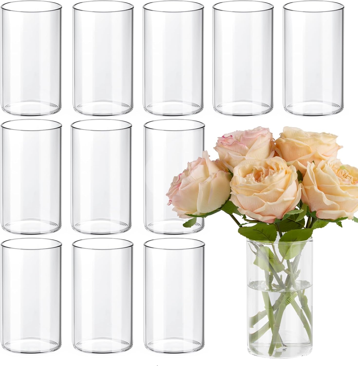 Showcases a set of identical clear glass cylindrical vases to highlight the product's simplicity and versatility.