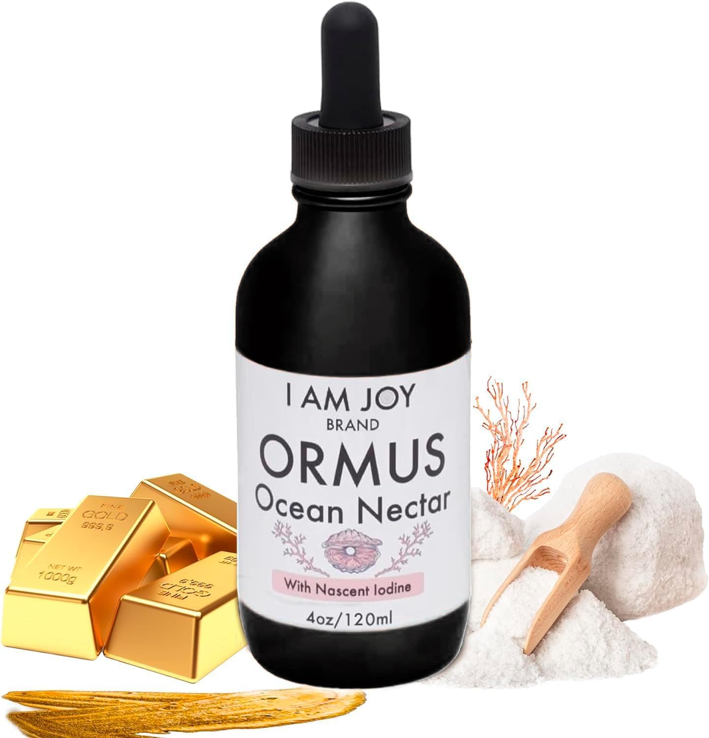 Showcases the product bottle clearly to allow customers to identify the brand and product name. Displays key ingredients like gold, salt, and coral to highlight the product's premium and natural…