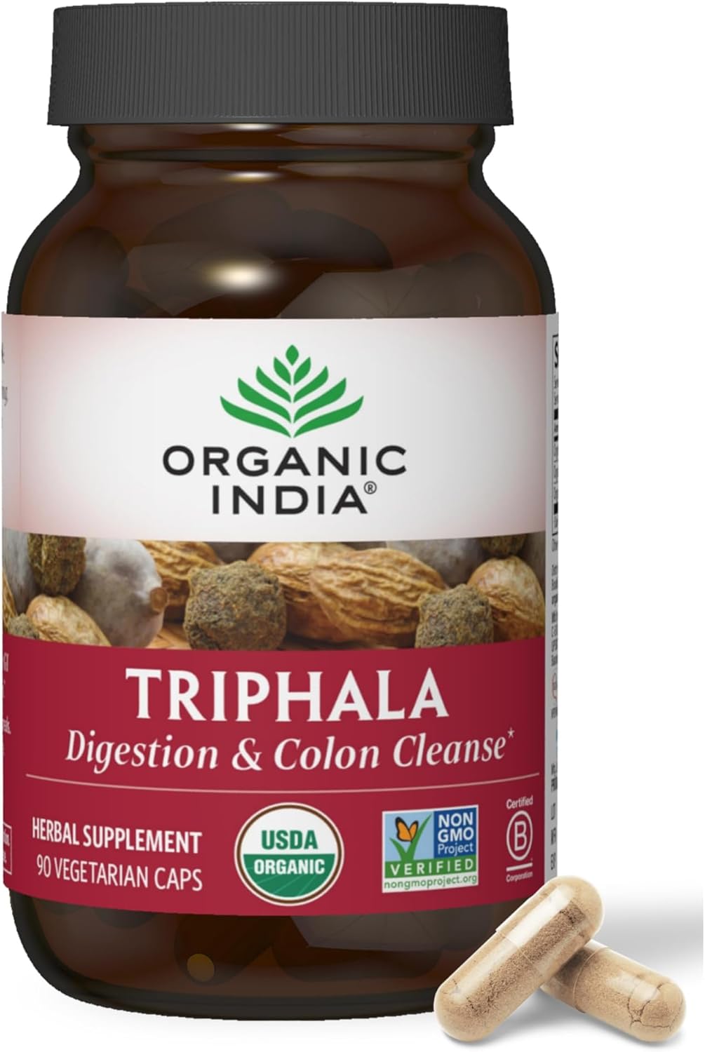 Clearly displays the product packaging to show the brand, product name, and key benefits. Shows the product bottle alongside loose capsules to illustrate the form of the supplement.