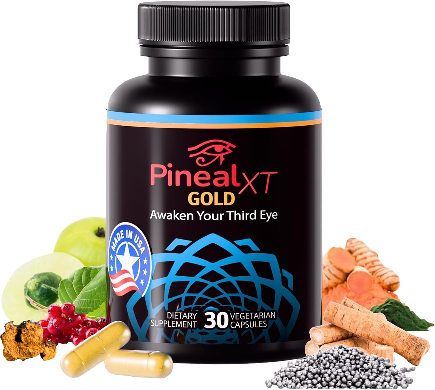 Showcases the product's packaging and branding to clearly identify the supplement for potential buyers. Displays the natural ingredients included in the supplement to highlight its composition and…
