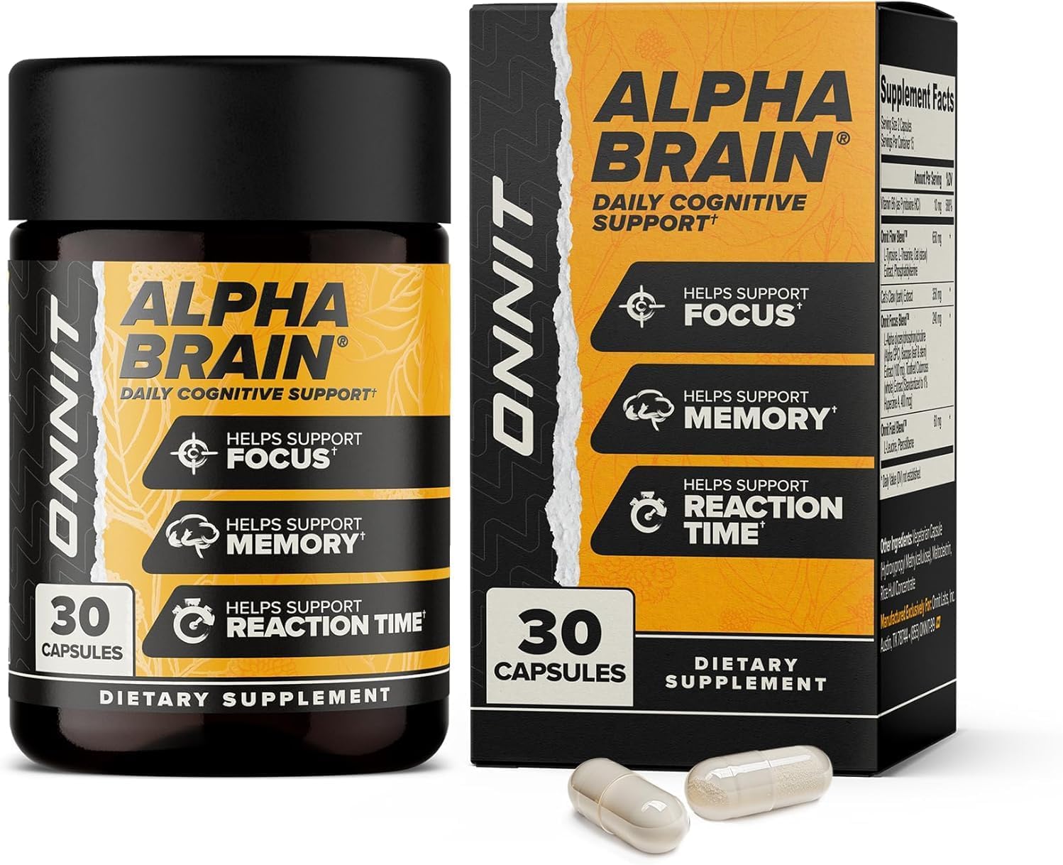 Showcases the product packaging and highlights key benefits like focus, memory, and reaction time support to attract potential customers.