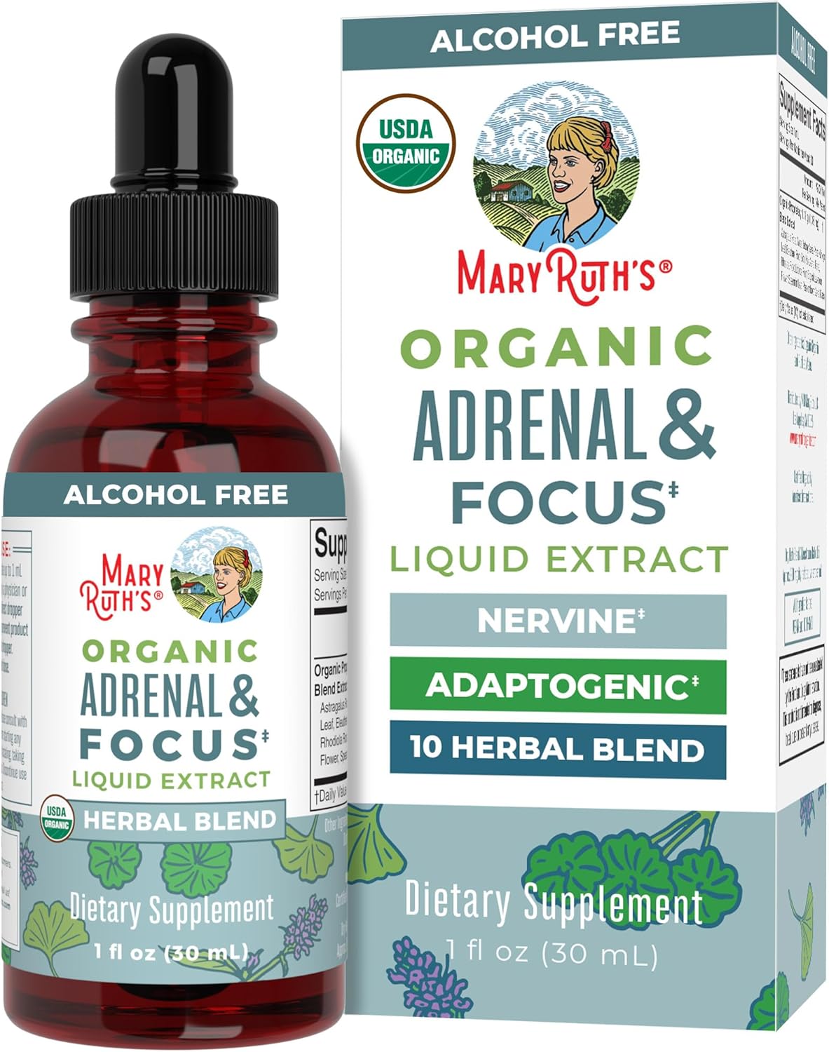 Shows the product bottle alongside its retail packaging to communicate brand identity and product details. Highlights the organic nature and specific benefits (adrenal support and focus) of the…
