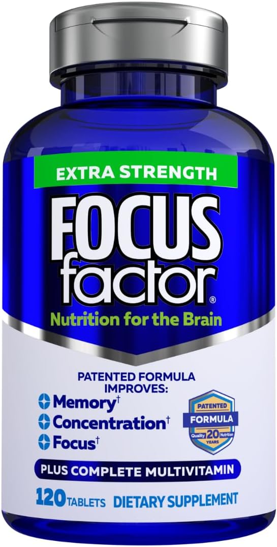 Showcases the product packaging while highlighting key benefits and features to inform potential buyers about the supplement's focus-enhancing properties.