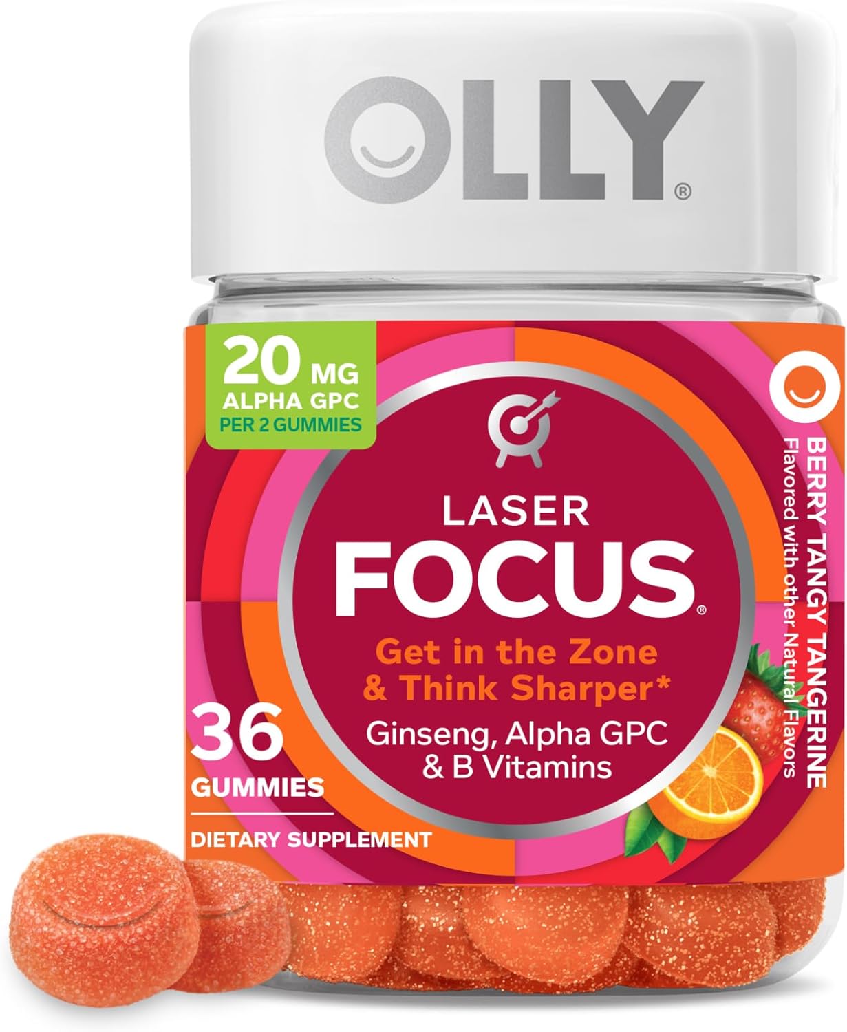 Showcases the product container and gummies to clearly display what the customer will receive. Highlights the branded packaging to establish product identity and convey key information about the…