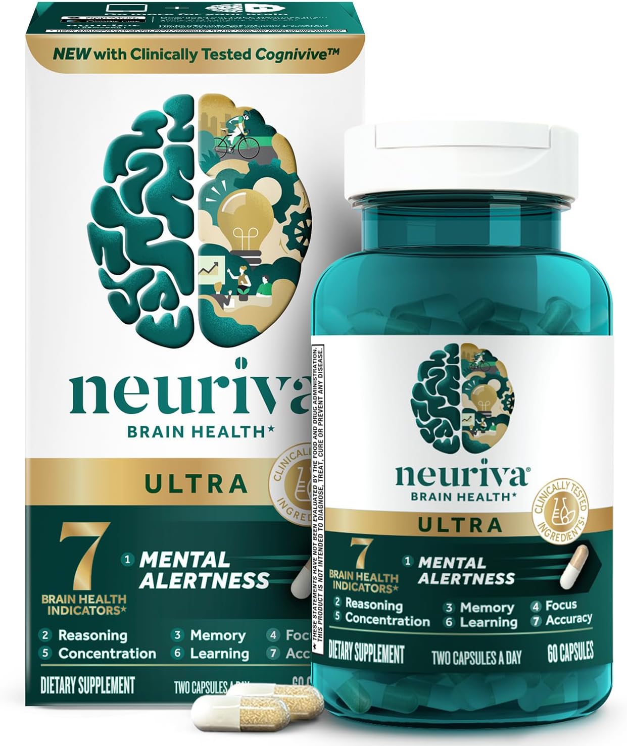 Showcases the product packaging alongside key benefits and ingredients to communicate the supplement's brain health focus and clinical testing.