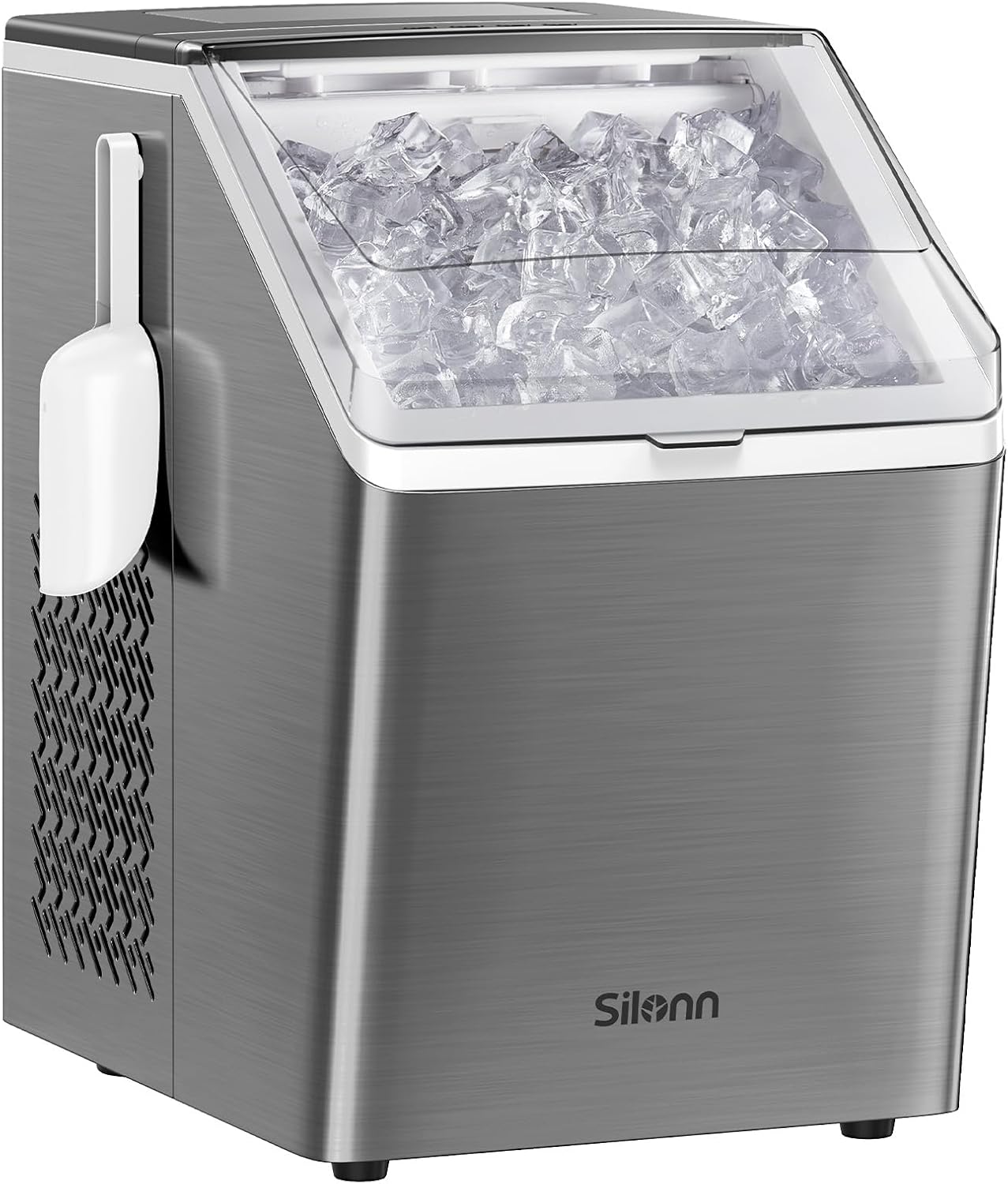 Showcases the ice maker's sleek stainless steel design and transparent lid, highlighting its capacity and modern aesthetic.