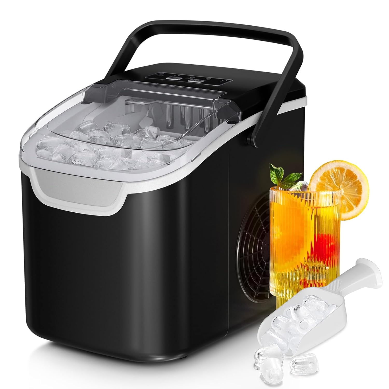 Showcases the compact and portable design of the ice maker, highlighting its convenience for home or travel use. Demonstrates the ice-making capability and included accessories, showing potential…