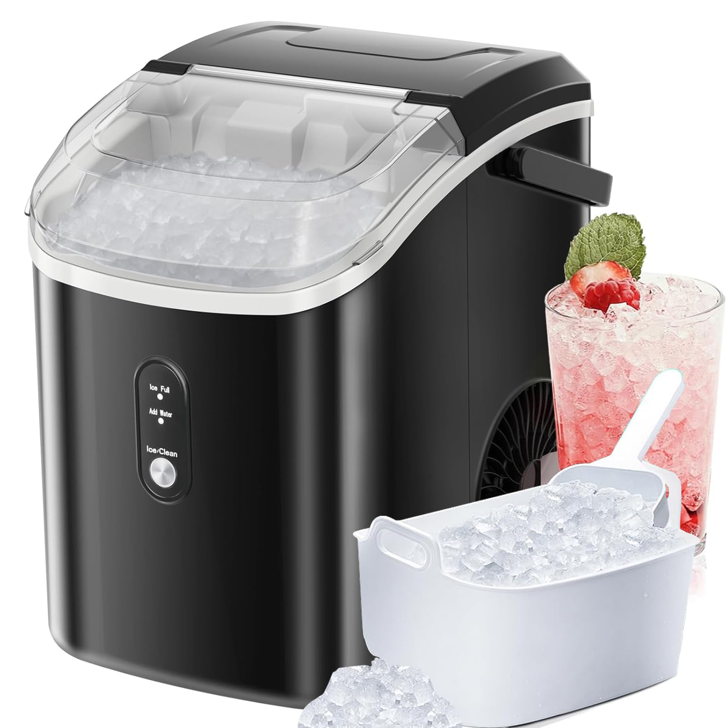 Showcases the portable ice maker's sleek design and its ability to produce ice, emphasizing its convenience for home or small office use.