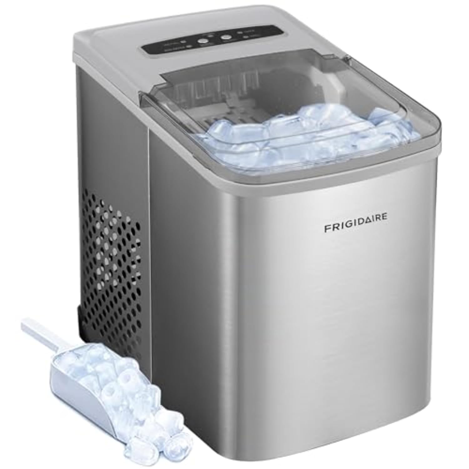 Showcases the product's design and functionality, highlighting its compact size and ability to produce ice.